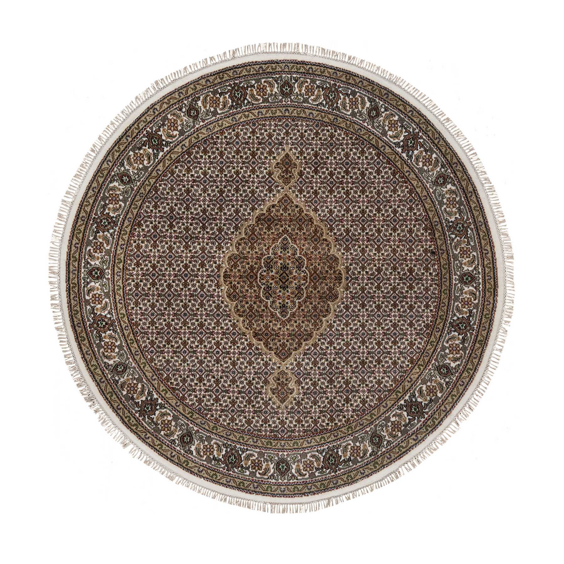 6'x6' Cotton White, Pure Wool, Tabriz Mahi with Fish Medallion Design, Denser Weave, Hand Knotted, Round, Oriental Rug